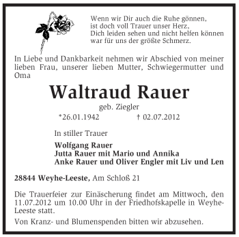 Traueranzeige von Waltraud Rauer von KREISZEITUNG SYKE