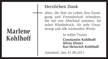 Traueranzeige von Marlene Kohlhoff von KREISZEITUNG SYKE