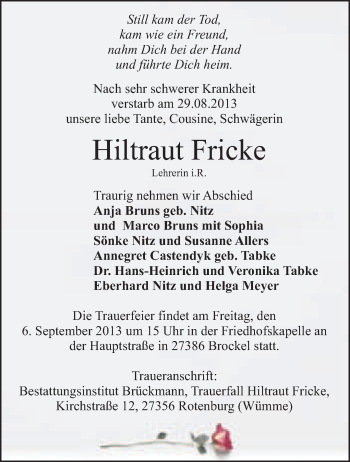Traueranzeige von Hiltraut Fricke von KRZ