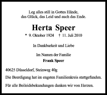 Traueranzeige von Herta Speer von KREISZEITUNG SYKE