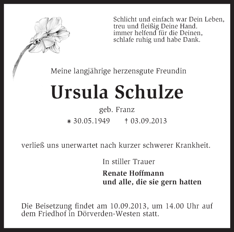  Traueranzeige für Ursula Schulze vom 06.09.2013 aus KRZ