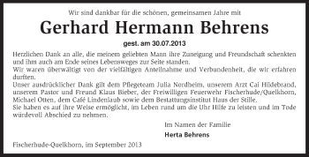 Traueranzeige von Gerhard Hermann Behrens von KRZ