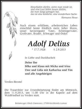 Traueranzeige von Adolf Delius von KRZ