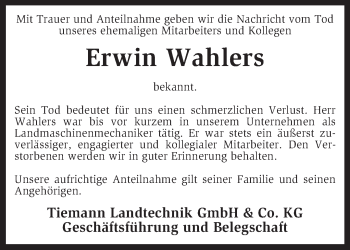 Traueranzeige von Erwin Wahlers von KRZ