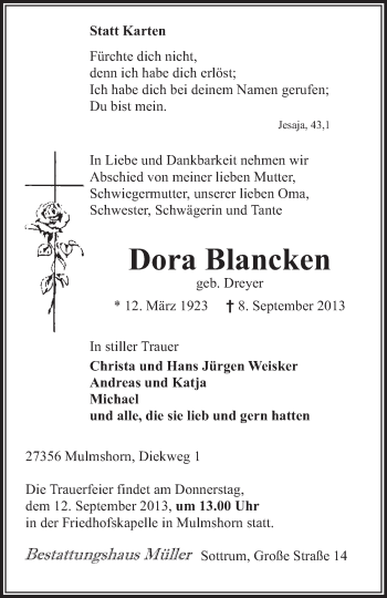 Traueranzeige von Dora Blancken von KRZ