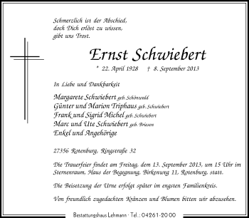 Traueranzeige von Ernst Schwiebert von KRZ