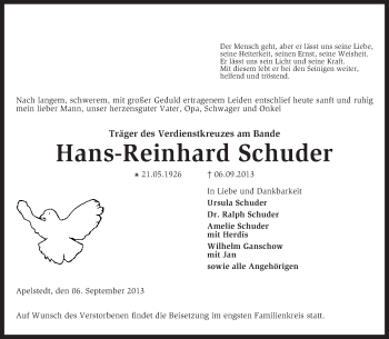 Traueranzeige von Hans-Reinhard Schuder von KRZ