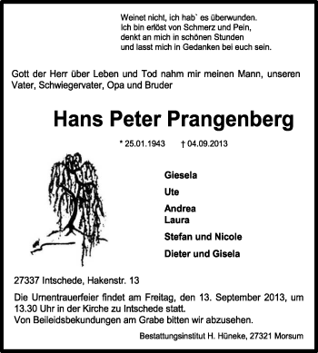 Traueranzeige von Hans Peter Prangenberg von KRZ