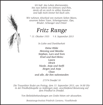 Traueranzeige von Fritz Runge von KRZ