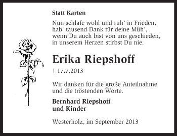 Traueranzeige von Erika Riepshoff von KRZ