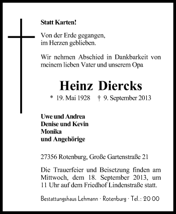 Traueranzeige von Heinz Diercks von KRZ