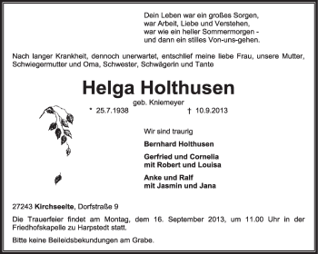 Traueranzeige von Helga Holthusen von KRZ