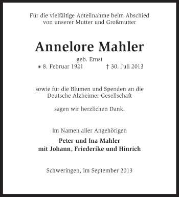 Traueranzeige von Annelore Mahler von KRZ