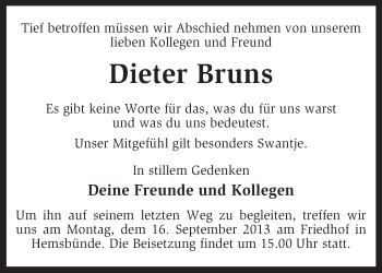 Traueranzeige von Dieter Bruns von KRZ