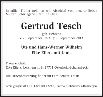 Traueranzeige von Gertrud Tesch von KRZ