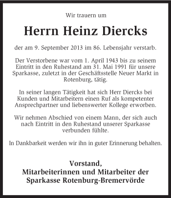 Traueranzeige von Heinz Diercks von KRZ