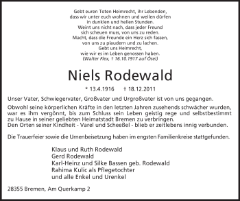 Traueranzeige von Niels Rodewald von KREISZEITUNG SYKE