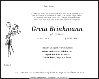 Traueranzeige von Greta Brinkmann von KRZ