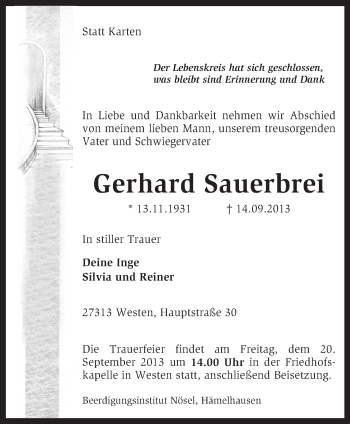 Traueranzeige von Gerhard Sauerbrei von KRZ