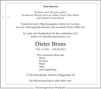 Traueranzeige von Dieter Bruns von KRZ