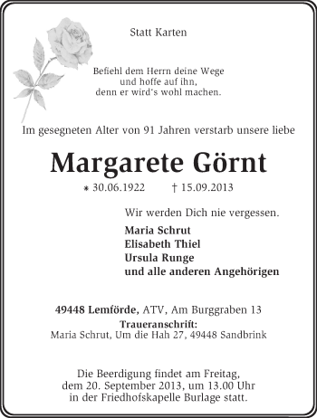 Traueranzeige von Margarete Görnt von KRZ