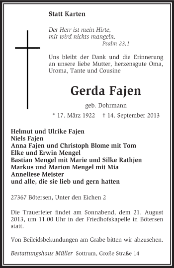 Traueranzeige von Gerda Fajen von KRZ