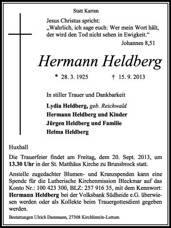 Traueranzeige von Hermann Heldberg von KRZ