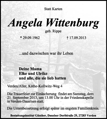 Traueranzeige von Angela Wittenburg von KRZ