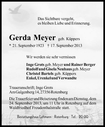 Traueranzeige von Gerda Meyer von KRZ