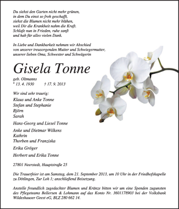 Traueranzeige von Gisela Tonne von KRZ