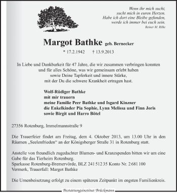 Traueranzeige von Margot Bathke von KRZ