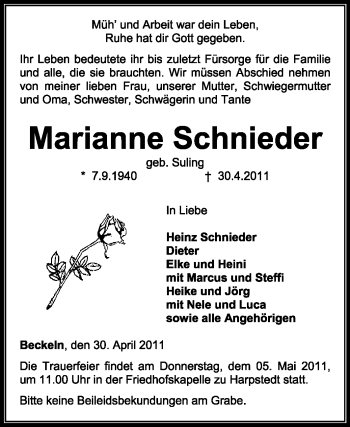 Traueranzeige von Marianne Schnieder von KREISZEITUNG SYKE