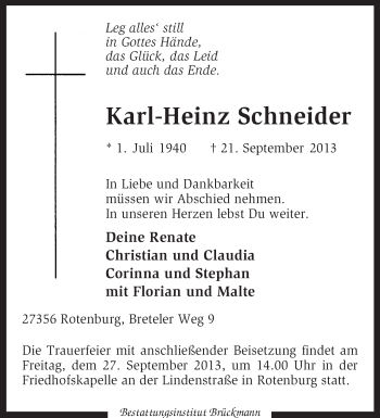 Traueranzeige von Karl-Heinz Schneider von KRZ