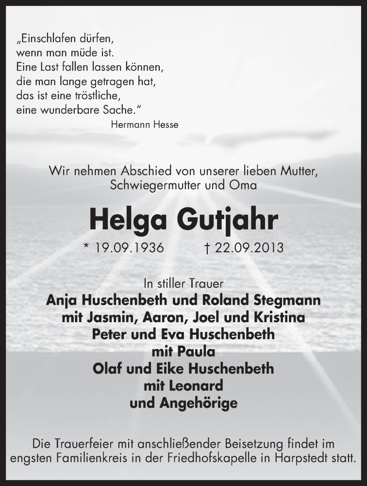  Traueranzeige für Helga Gutjahr vom 27.09.2013 aus KRZ