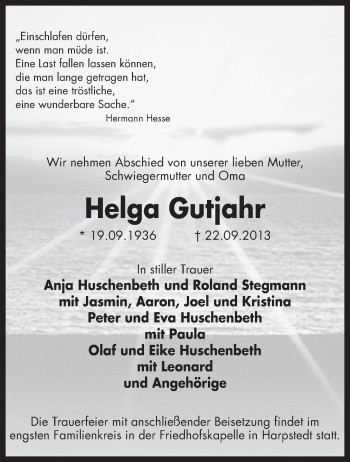 Traueranzeige von Helga Gutjahr von KRZ