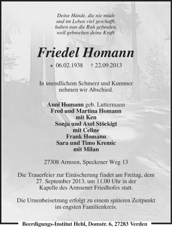 Traueranzeige von Friedel Homann von KRZ