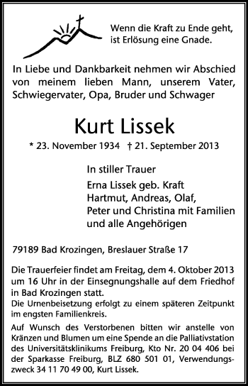 Traueranzeige von Kurt Lissek von KRZ