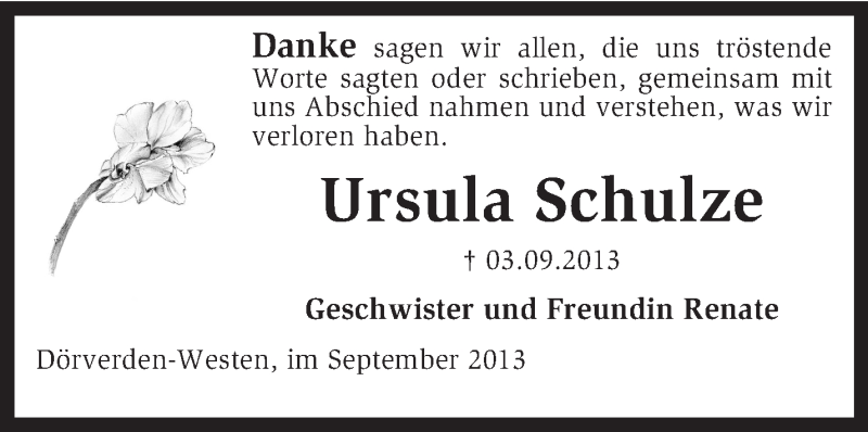  Traueranzeige für Ursula Schulze vom 28.09.2013 aus KRZ