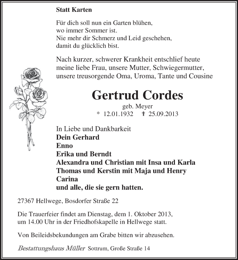  Traueranzeige für Gertrud Cordes vom 26.09.2013 aus KRZ