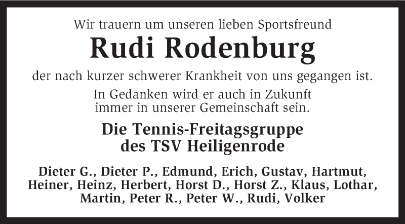 Traueranzeigen Von Rudi Rodenburg Trauer Kreiszeitung De