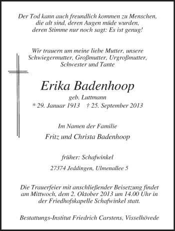 Traueranzeige von Erika Badenhoop von KRZ