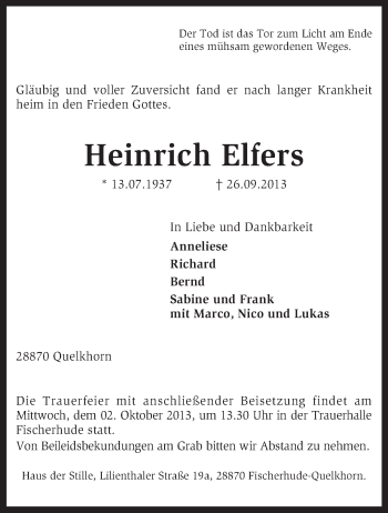 Traueranzeige von Heinrich Elfers von KRZ