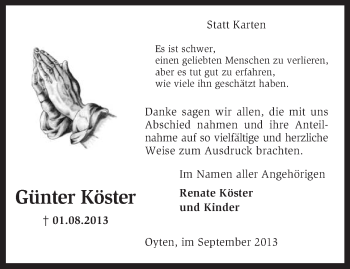 Traueranzeige von Günter Köster von KRZ