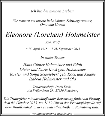 Traueranzeige von Eleonore Hohmeister von KRZ