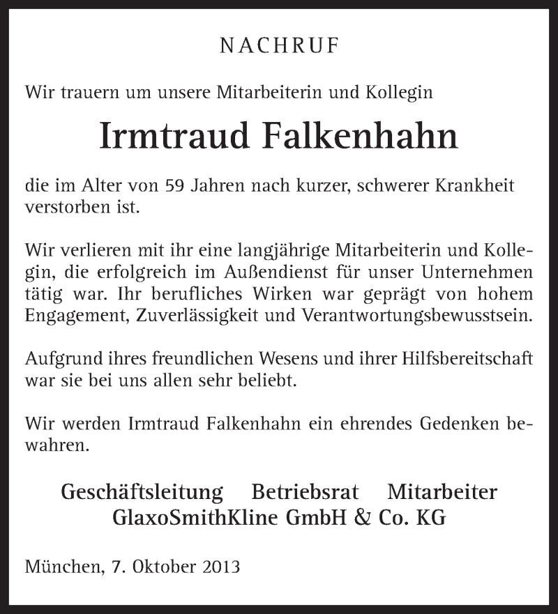  Traueranzeige für Irmtraud Falkenhahn vom 07.10.2013 aus KRZ