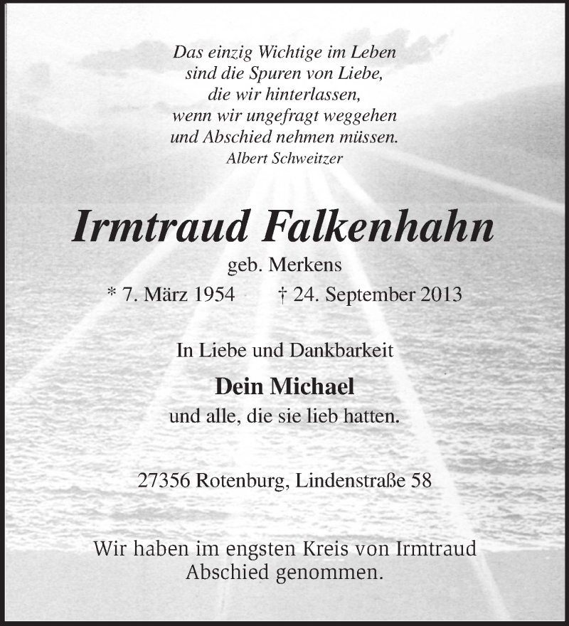 Traueranzeige für Irmtraud Falkenhahn vom 05.10.2013 aus KRZ