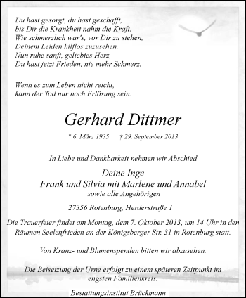 Traueranzeige von Gerhard Dittmer von KRZ