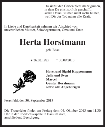 Traueranzeige von Herta Horstmann von KRZ