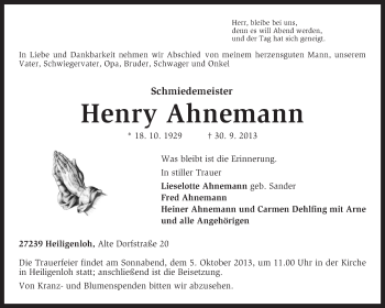 Traueranzeige von Henry Ahnemann von KRZ