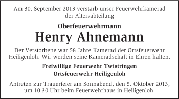 Traueranzeige von Henry Ahnemann von KRZ